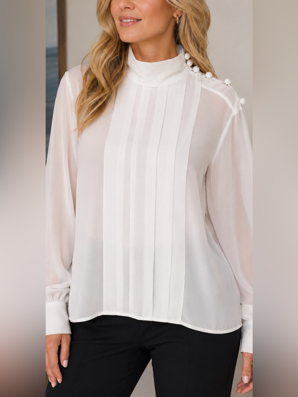 Josephine White Pleated High Neck Blouse Button Shoulder Long Sleeve Sz 14